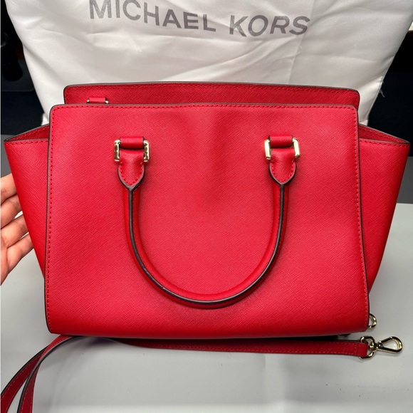 Michael Kors Red Satchel Top Handle Bag & Strap Wallet Set Gold Hardware - Picture 8 of 11
